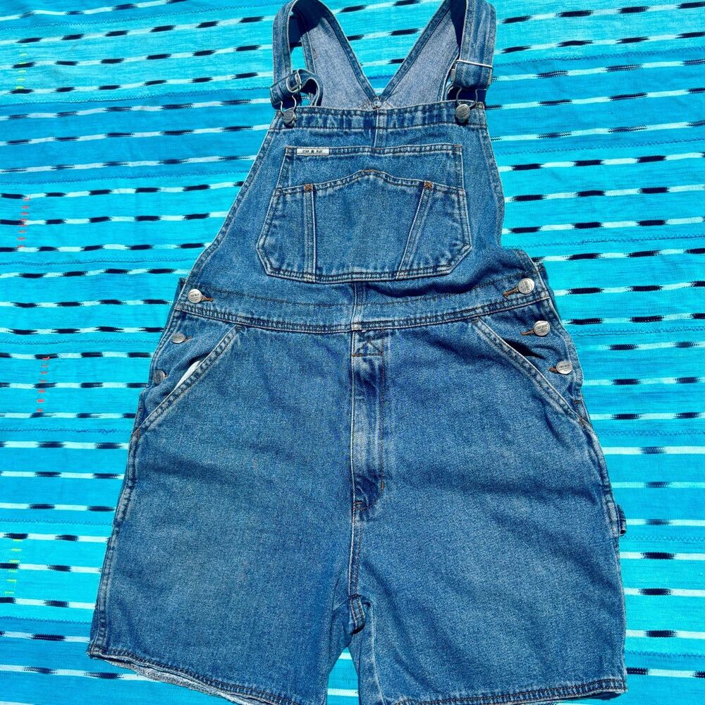 Unisex Star Blue Denim Bib Overall Shorts L
